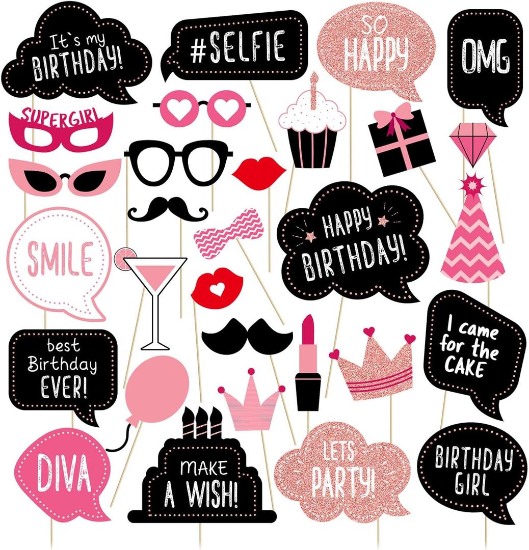 Kit de accesorios para cabina de fotos de cumpleaos, suministros de fiesta de cumpleaos, decoracin de fiesta de cumpleaos con purpurina real, bonitos diseos de cumpleaos para mujeres o nias,