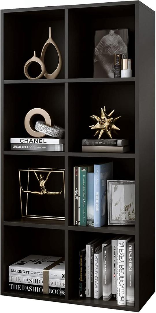 8-Cube Storage Shelf Bookcase - Wooden 4-Tier Floor Standing Open Bookshelf, Modern TV Stand up to 55 Inches for Home and Office, Black