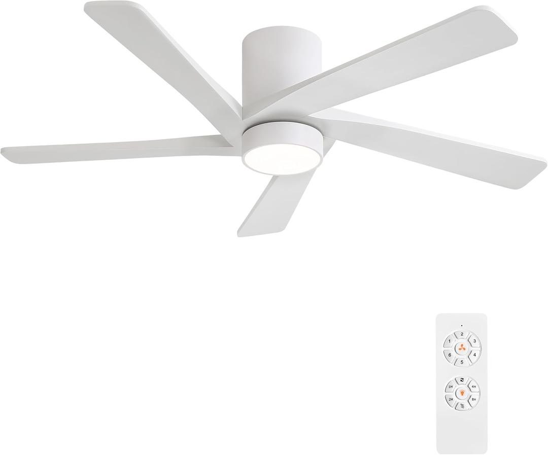WINGBO 54 Inch Flush Mount DC Ceiling Fan with Lights and Remote, 5 Reversible Carved Wood Blades, 6-Speed Noiseless DC Motor, Hugger Ceiling Fans in White Finish, Low Profile Ceiling Fan, ETL Listed