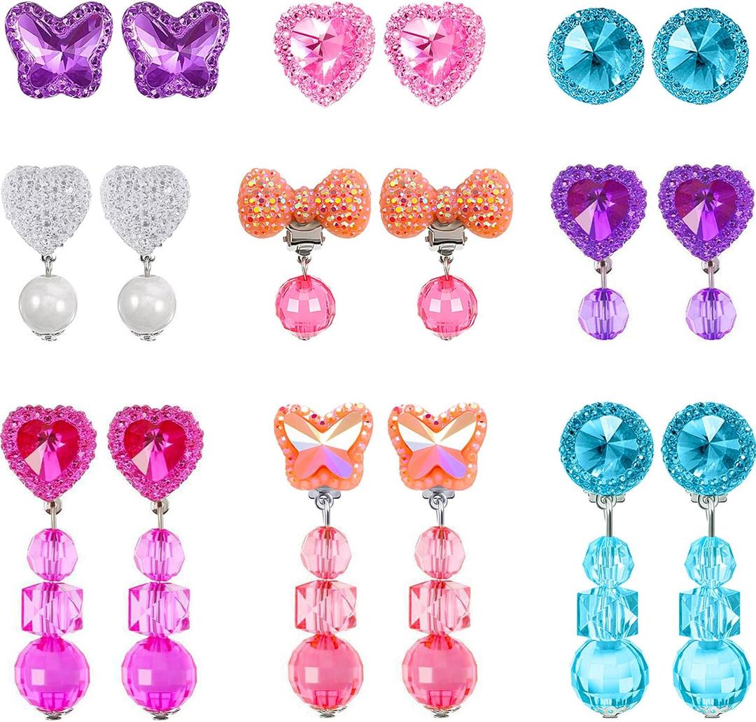 Hicarer 9 Pairs Girls Clip on Earrings Pretend Princess Play Earrings Jewelry Set(Bright Colors)