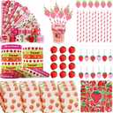 Strawberry Party Favors 122Pcs Themed Birthday Decorations Supplies Keychain Slap Bracelets Goodie Bags Stickers Eraser Game Toy Set Sweet Straw Berry Cute Gifts for Pinata Filler