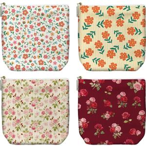 peacoblue Flowers Branch Small Corduroy Cosmetic Makeup Bag Set of 4 for Women with Zipper, Cute Mini Travel Pouch, Portable Cosmetic Toiletry Bag Pouches for Organizing Purse
