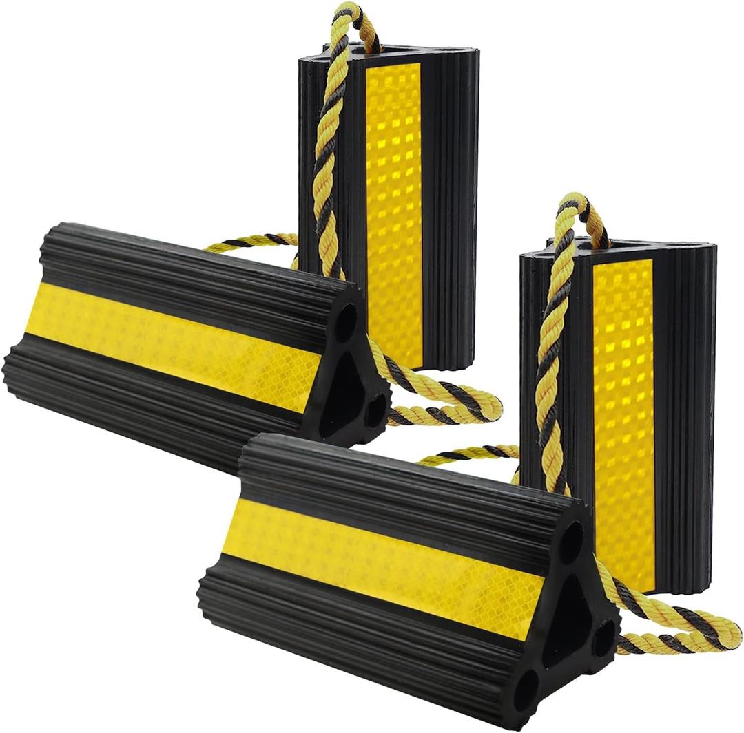 Wheel Chocks for RV Trailer Camper Trucks and Aircraft, Versatile Heavy Duty Rubber Wheel Chocks Block with 3 Reflective Strips, Tire Wheel Immobilizers & Chocks, [2pair/4pack with Rope]RV Accessories