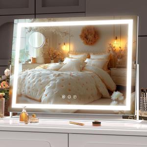 Hasipu Vanity Mirror with Lights, 17.7" x 12.6" LED Makeup Mirror, Light up Mirror with 10X Magnification, Smart Touch 3 Colors Dimmable, 360 Rotation (White)