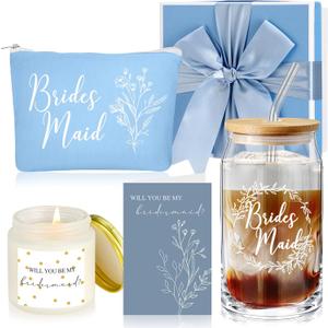 Inbagi Maid of Honor Gifts Box Set of 5 Includes Glass Cup with Lid and Straw Makeup Bag Sage Scented Candle Wedding Invitation Cards Proposal Gifts for Bridal Party Favors (Blue)