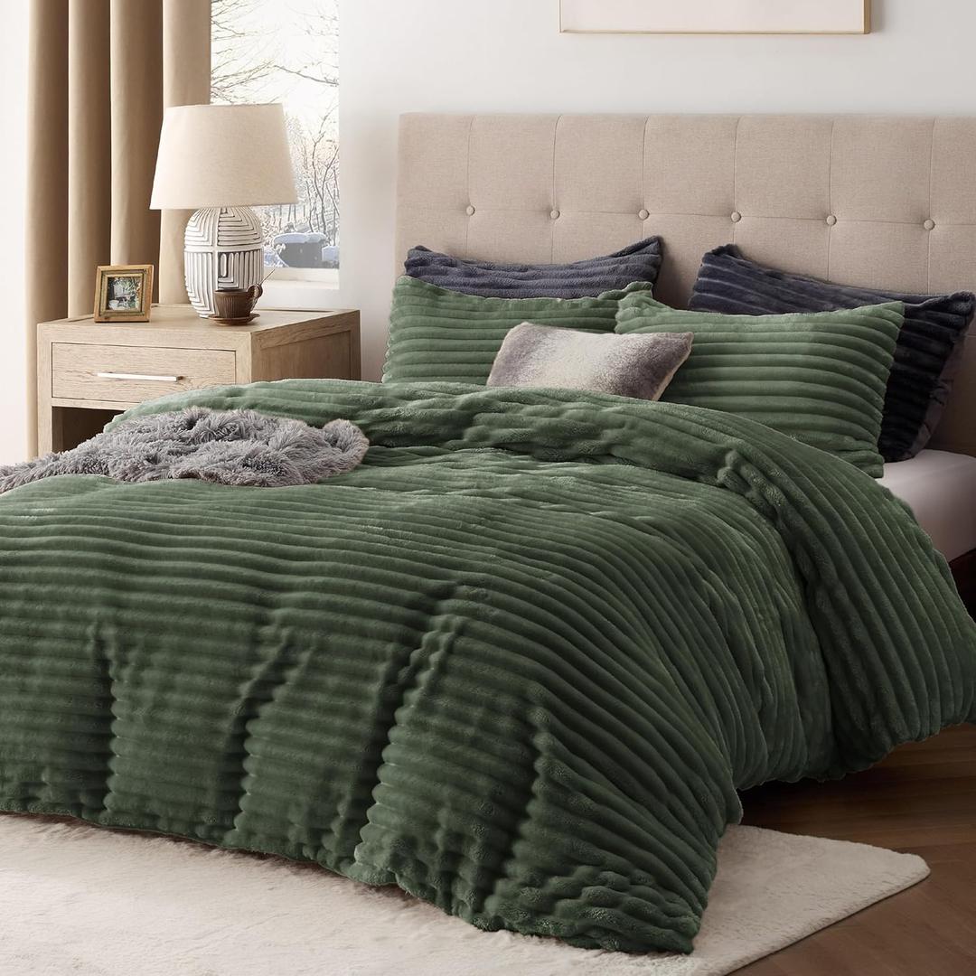 Bedsure Fluffy Duvet Cover Set - Ultra Soft Plush Shaggy Comforter Cover Queen Size, Warm Flannel Fleece Bed Sets for Winter, 3 Pieces (Striped Pattern, Green) (Queen (90" x 90"), 02 - Olive Green (No Comforter))