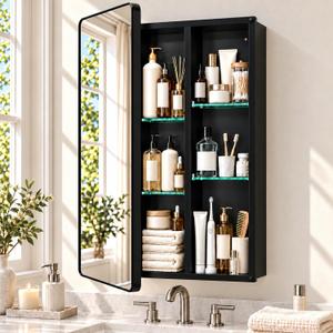 16x25.5 Black Medicine Cabinet with Mirror, Recessed/Surface Mount