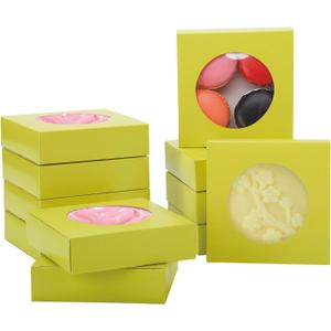 Bssay 60Pcs Small Soap Packaging Boxes 4.3x4.3x1.2 Inch,White Square Paper Boxes Gift Wrapping Box with Round Clear Window for Bakery Cookies Cake Candy Soap Packaging Birthday Gift Boxes (Yellow) (Yellow)