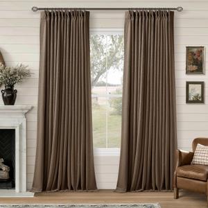 Latte Brown Pleated Linen Blackout Curtains 90 Inches Long for Bedroom Living Room Pinch Pleat Black Out Thermal Insulated Room Darkening Ring Hooks Room Darkening Drapes Curtains with Liner 40x90
