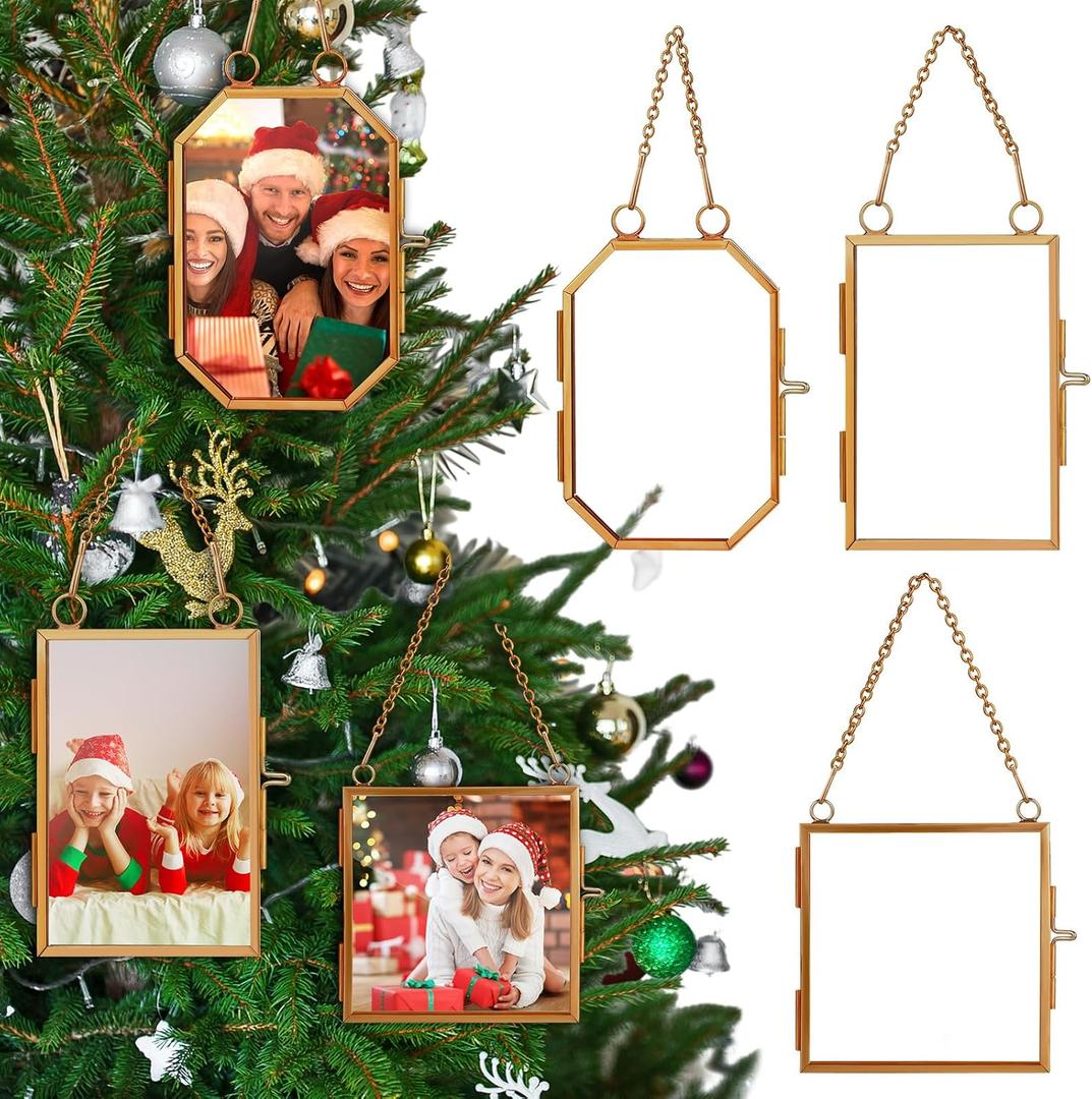 Qunclay 6 Pcs 2x3 2.5x3.5 3.2x3.2 Christmas Brass Picture Frame Ornaments Square Rectangle Octagon Christmas Metal Double Glass Hanging Photo Frame with Metal Chain for Xmas Tree Decorations(Gold)