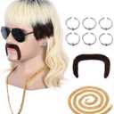 yuehong Long Black Roots Blonde Mens Wig Rock Star Style Mullet Fashion 70s 80s Wig with Moustache Earrings Necklace Heat Resistant Costume Hair