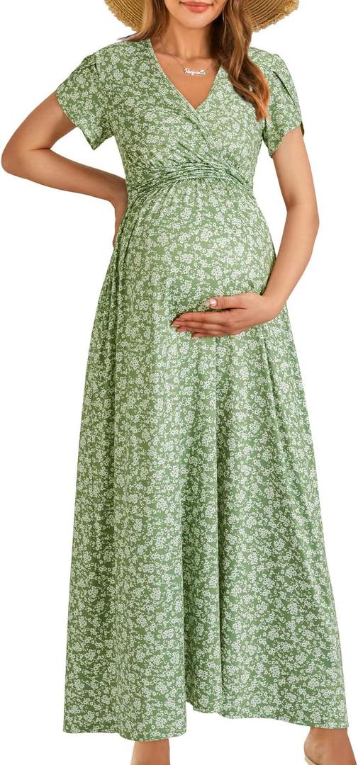 OUGES Maternity Maxi Dress V Neck Baby Wrap Summer Shower Pregnancy Dresses for Photoshoot 2025 (XX-Large, Green Floral)