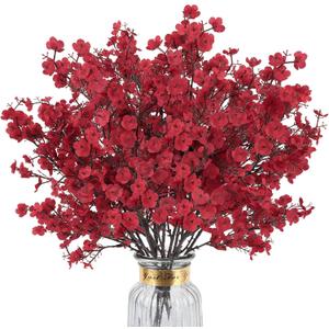 8Pcs Baby Breath Artificial Flowers,Real Touch Red Silk Flowers Bundles Fake Flowers for Vase Home Office Wedding Spring Winter Indoor Outdoor Centerpiece Table Party Mother's Day Decoration
