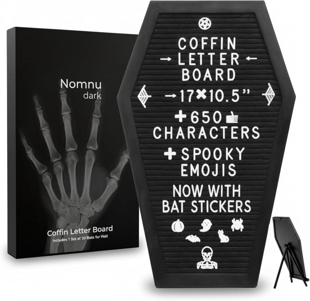 Coffin Letter Board Black +3D Bat Stickers +650 Characters, Spooky & Seasonal Emojis, Wooden Stand - 17x10.5 Inches - Coffin Shaped Goth Decor Sign Witchy Halloween Decorations Gothic Decor Birthday Wedding Home Spooky Gifts
