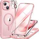 Miracase Glass Series for iPhone 15 Case [Compatible with MagSafe] Full-Body Magnetic Case with Built-in 9H Tempered Glass Anti-Fingerprint Screen Protector + Camera Lens Protector, Pink and Clear