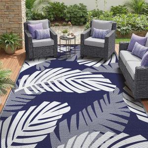 GENIMO Waterproof Outdoor Rug 9' x 12' for Patio Decor, Reversible Plastic Straw Area Rugs for Camping Clearance, RV Mat, Large Outside Carpet for Porch, Deck, Picni, Balcony, Garden, Blue & White
