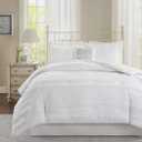 5 Piece White Solid Ruffled Stripes Pattern Comforter Queen Set, Beautiful Stylisg ruched Horizonral Stripe Design, Boho Shabby Chic Print, Reversible Bedding, Classic French Country Style, Unisex