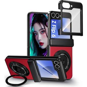 for Samsung Galaxy Z Flip 6 Case with Screen Protector, Hinge Protection Phone Case for Z Flip 6, with Mag-Safe, 360 Rotating Ring Holder, Hard PC Shockproof Full Body Protective Cover (Red)
