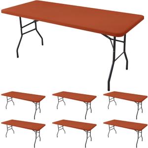 Fitted Tablecloth for 8 Foot Rectangle Tables-6 Pack Rust Elastic Fall Thanksgiving Table Cover-Spandex Stretch Folding Table Cloths 8ft for Camping Dining Room Patio Kitchen Banquet Party