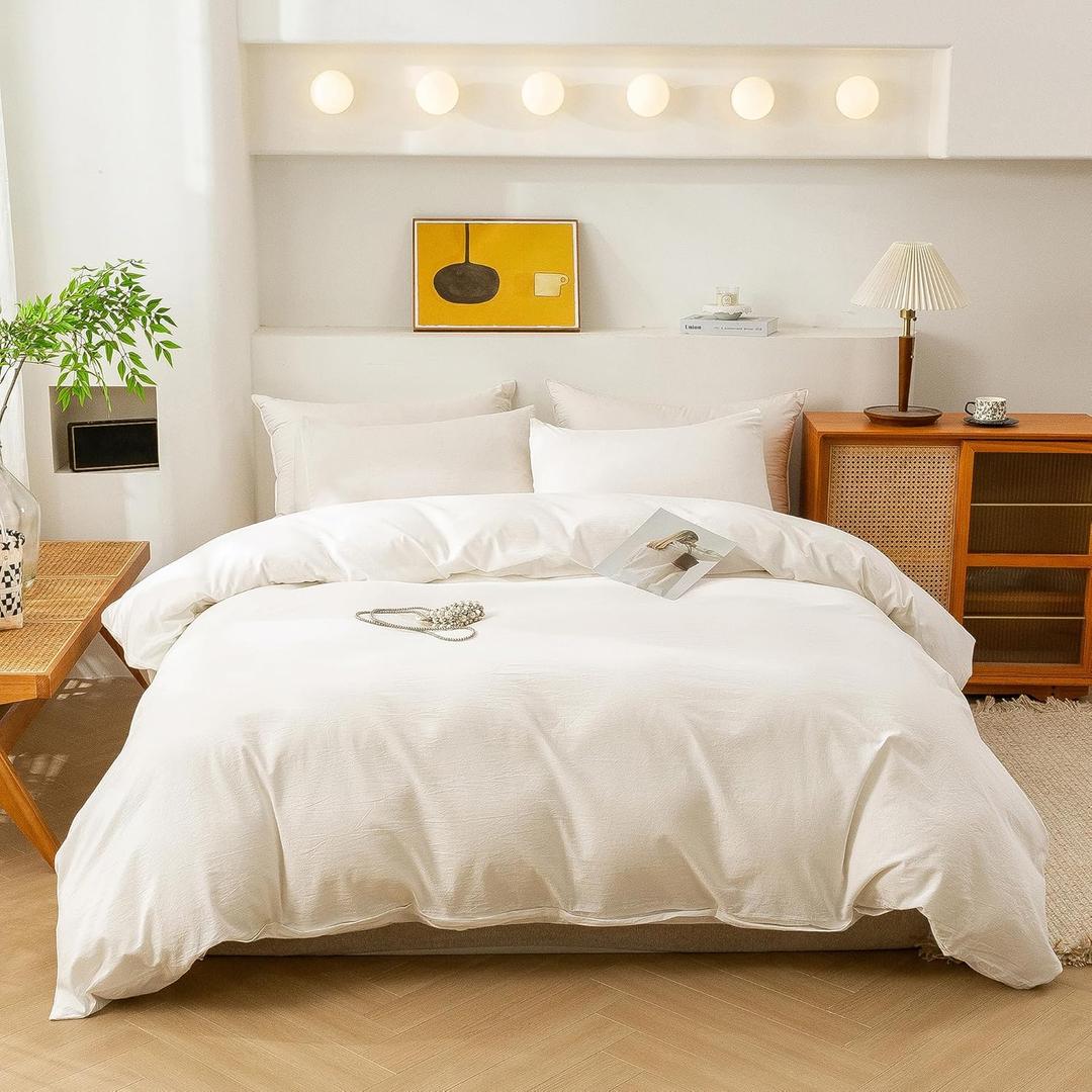 ECOCOTT White Duvet Cover King Size, 100% Washed Cotton 1 Duvet Cover with Zipper and 2 Pillowcases, Ultra Soft and Easy Care Breathable Bedding Set (White, King) (White (No Comforter))