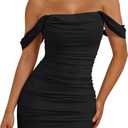 Trendy Queen Women's Mesh Off The Shoulder Ruched Mini Dresses Summer Party Bodycon Short Dress (Medium, Black)