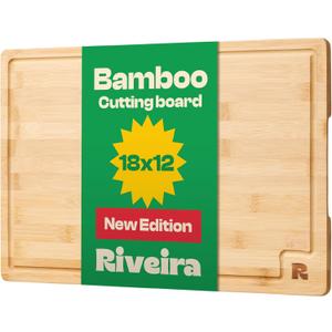 Riveira Bamboo Grandeur: 18 x 12 Bamboo Cutting Board Natural Wooden Cutting Board With Innovative Juice Grooves