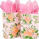 DjinnGlory 25 Pack Small Spring Floral Party Favor Bags with Handles and 25 Tissue Paper for Birthday Wedding Decorations, Pink Paper Gift Bags for Bridal Baby Shower New Moms (9x5.5x3.15 Inch)
