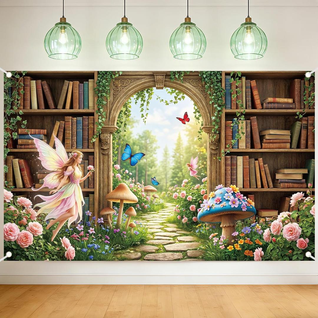 Enchanted Fairy Tale Library Backdrop - Woodland Bookshelf Green Garden Book Tree Floral Plant Butterfly Mushroom Backdrop Photography Background Birthday Baby Shower Photo Studio Shoot 71x43 in