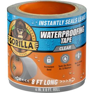 Gorilla Waterproof Patch & Seal Tape, Clear Tape, 4" x 8' (Pack of 1) - Permanent Weather Resistant Seal for Leaks and Repairs