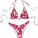 SOLY HUX Women's Boho Floral Print Halter Swimsuit Tie Back High Cut Bikini Set 2 Piece Bathing Suit, Small
