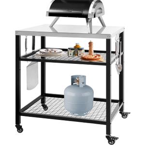 Stainless Steel Outdoor Grill Cart Pizza Oven Stand Trolley Table with Wheels Three-Shelf Movable Food Prep and Work Table Heavy Duty Grill Carts Outdoor Cart 31.5"24"35.5" (Silver & Black)