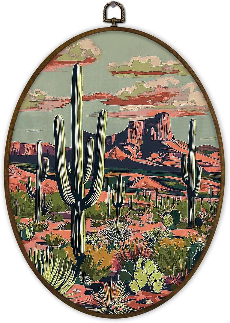 Gnmduw Western Landscape Oval Wall Art Framed, Farmhouse Western Cactus Desert Canvas Prints Hanging Decor, Retro Country Cactus Desert Wall Decor for Bathroom Bedroom Living Room, 8.7x11.3 Inch