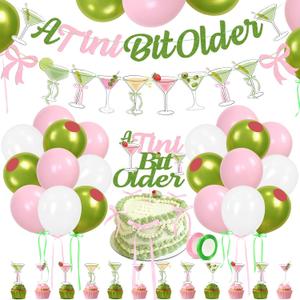 Martini Bow Birthday Party Decorations, Green Pink Glitter A Tini Bit Older Banner Garland Cake Topper Balloons for Girls Women Trendy Martini Bar Birthday Bachelorette Bridal Shower Party Supplies