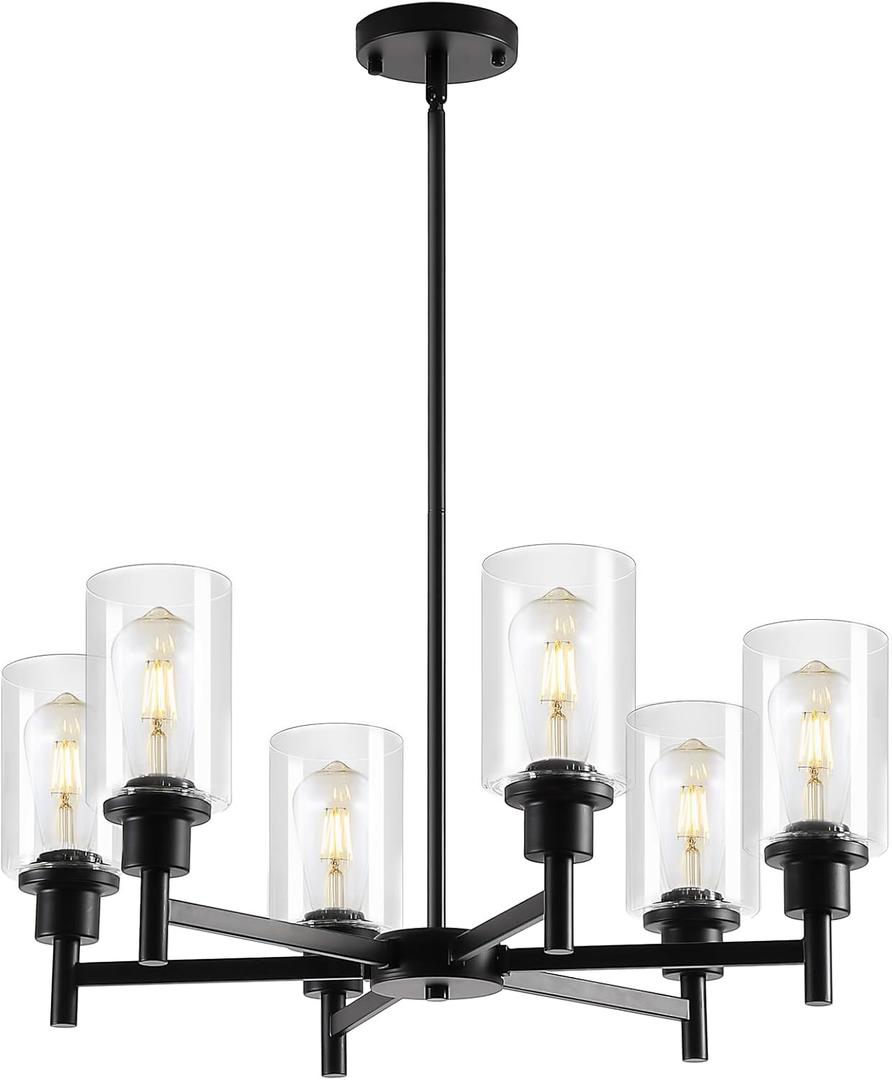 9MMML Farmhouse 6-Light Glass Chandelier, Modern Black Light Fixture for Kitchen Dining Room Over Table, Industrial Lighting for Living Room, Foyer, Entryway, E26 Bulb Base