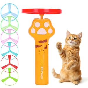Cat Chase Fetch Toy - Rechargeable Disc Launcher with 6 Flying Spinners - Best Interactive Pet Hunting Toys for Indoor Outdoor Yard Cats Dog (Yellow)
