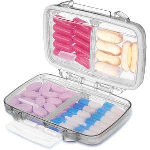 Fullicon Travel Pill Organizer, 4 Compartments Portable Pill Case, Moisture Proof Small Pill Box with Labels, Travel Pill Case with Double Lock, Pocket Pharmacy for Vitamin D3 & Fish Oil (Grey) (1 Pack)