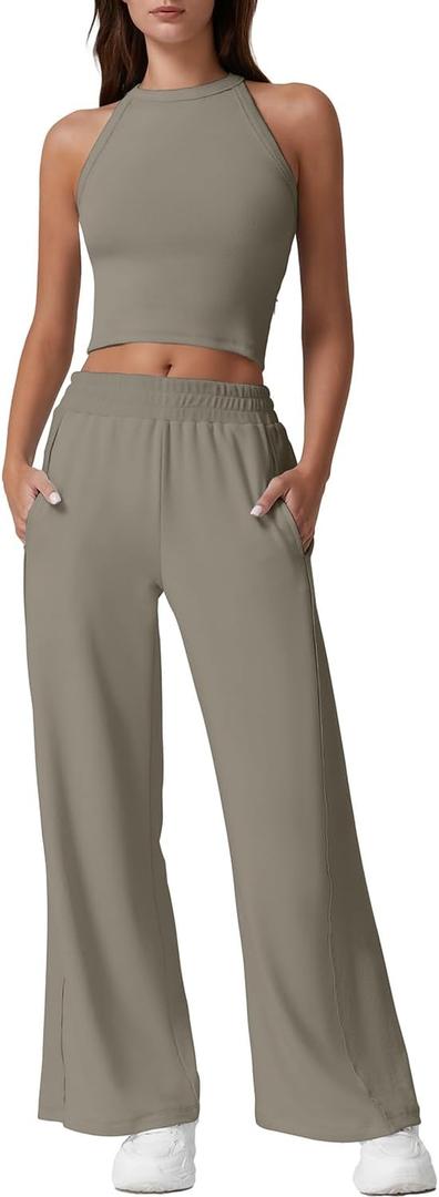 QINSEN Women's 2 Piece Sets Summer Ribbed Knit Crop Tank Tops Wide Leg Pants Sleeveless Tracksuit Small