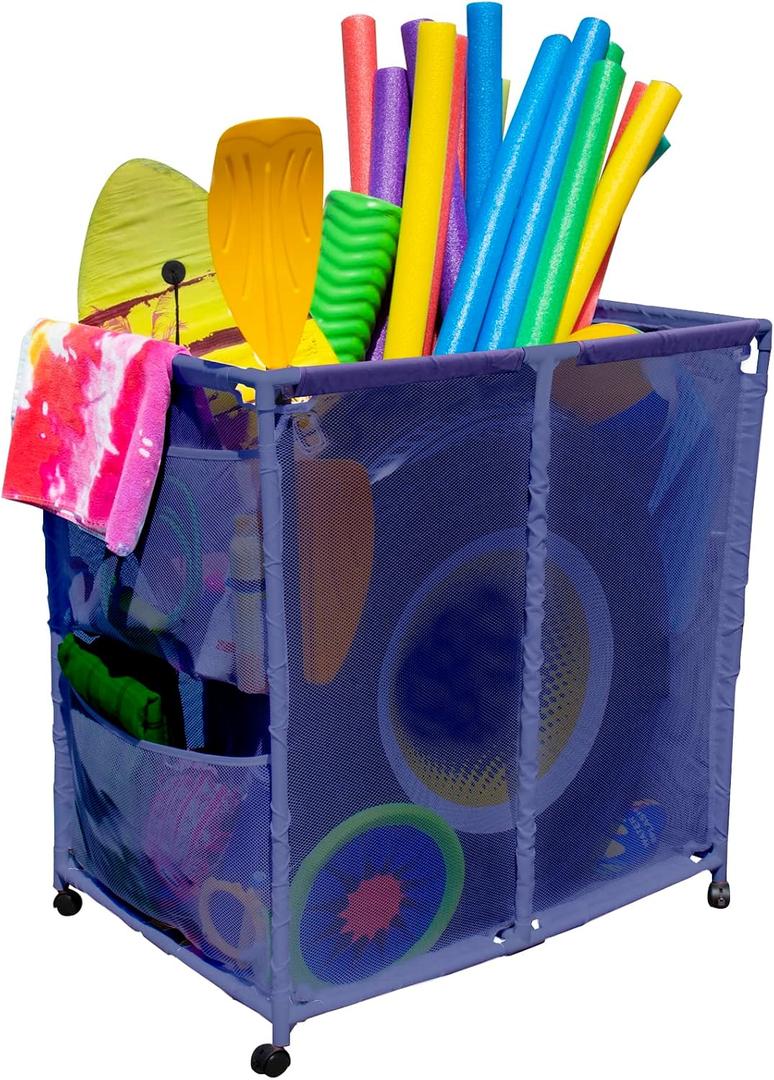 Pool Floats, Balls, Toys and Equipment Rolling Mesh Organizer Storage Bin, Large, (35" W x 25.4" L x 37.5" H), Blue, Style 455102