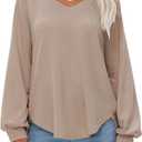EXLURA Womens Fall Oversized V Neck Tunic Tops 2025 Casual Long Sleeve Shirts Lightweight Soft Sweater Curved Hem T Shirts (Beige, S)