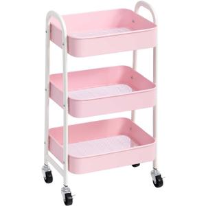 AGTEK Makeup Cart, Movable Rolling Organizer Cart, 3 Tier Metal Utility Cart, White - Pink