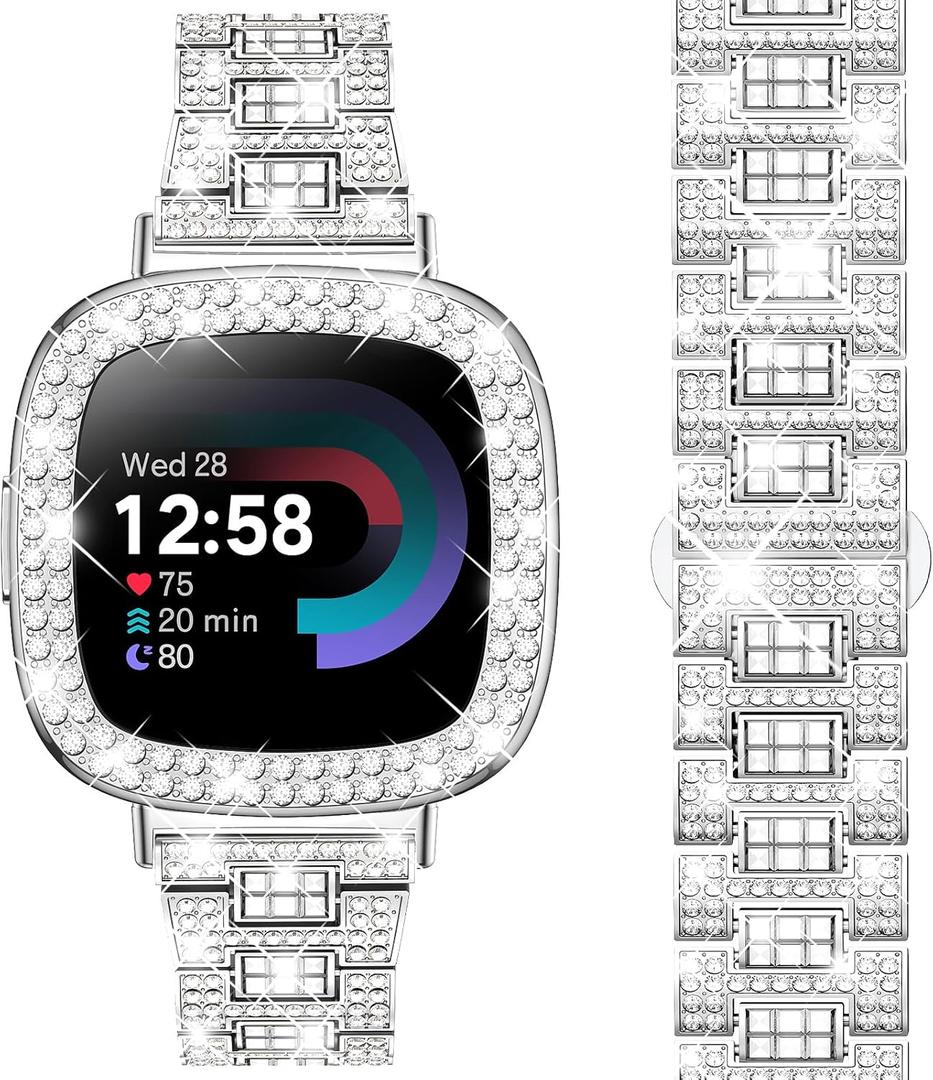 Dsytom Bling Stylish Watch Band Compatible With Fitbit Versa 4, Sense 2, Versa 3, Sense - Cute Strap With Rhinestone Protective Case Cover for Women (Silver)