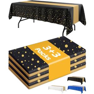 New Year Table Cloth for Rectangle Table and Table Runner Set - 3+3 Pack, Plastic Table Cloth Disposable, Black and Gold Tablecloth for Graduation Decoration, Birthday, Wedding, Baby Shower