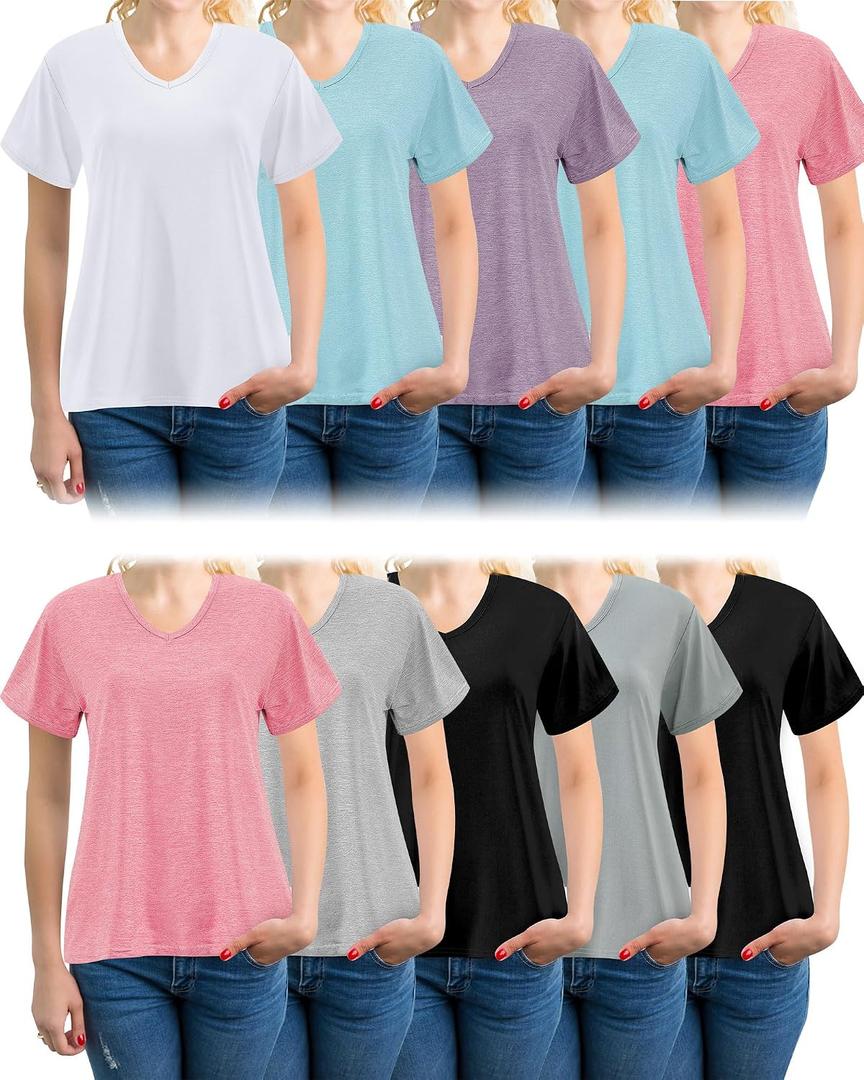 Taiyin 10pcs Women's Quick Dry T Shirts V Neck Short Sleeve Lightweight Shirts Tee for Workout Athletic Yoga Hiking Running (L)