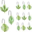 12PCS Leaves Shower Curtain Decor Hooks, Sage Green Plant Eucalyptus Leaf Stainless Steel Hooks Cute Shower Curtain Rings Boho Bathroom Accessories