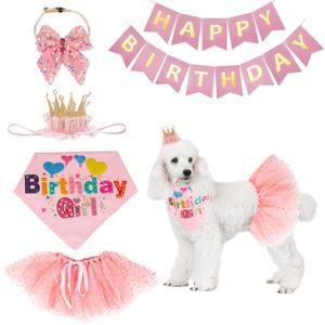 ADOGGYGO Dog Birthday Hat Bandana Girl - Puppy Birthday Party Supplies - Pink Tutu Hat Scarf Bow Banner Set for Medium Large Dogs (Large)