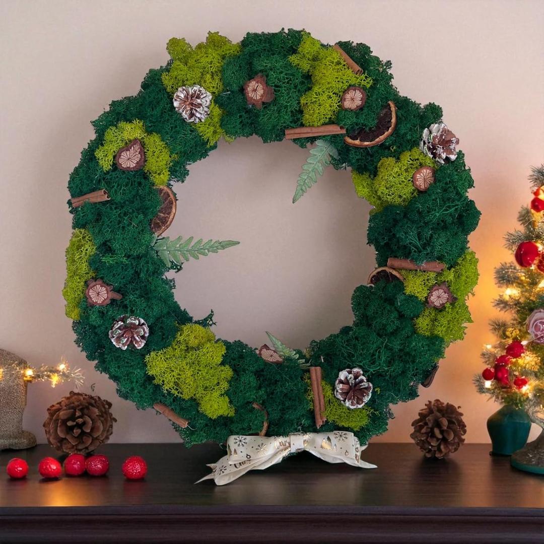 Two-Tone Preserved 16-inch Moss Wreath | Hanging Holiday Decor with White Ribbon & Natural Accents | No-Maintenance (White Ribbon)