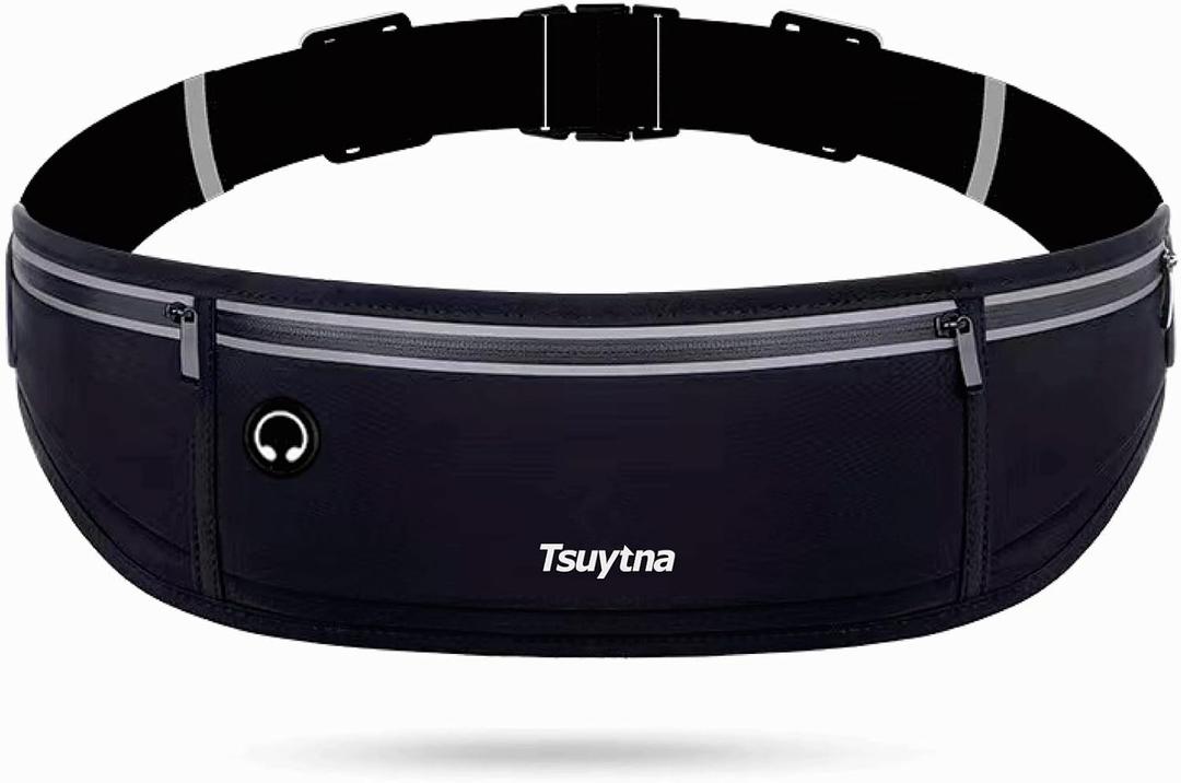 Running Belt for Women & Men - Slim Phone running belt with Water-Resistant Phone Holder, 3 pockets Adjustable Waist Strap, Reflective Safety Design for Running, Hiking, TravelFitness(Black)