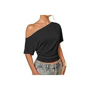 Yioaga Womens Off Shoulder Knitted Top Soft Short Sleeve Cinched Waist Knit Sweaters Summer Casual Y2k Going Out Crop Tops(Black,L)