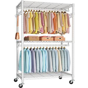 FUTASSI P1 Plus Rolling Clothes Rack, 22mm Diameter Heavy Duty Garment Rack with Wheels, Portable Closet Wardrobe with Double Rods, 45" W x 17.7" D x 80.5" H, Max Load 524 LBS, White