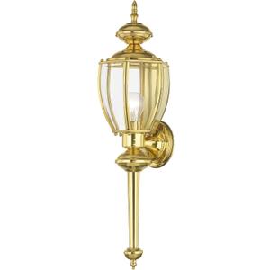 Livex Lighting 2112-02 Outdoor Wall Lantern with Clear Beveled Glass Shades, Polished Brass, 7"W x 25.25"H